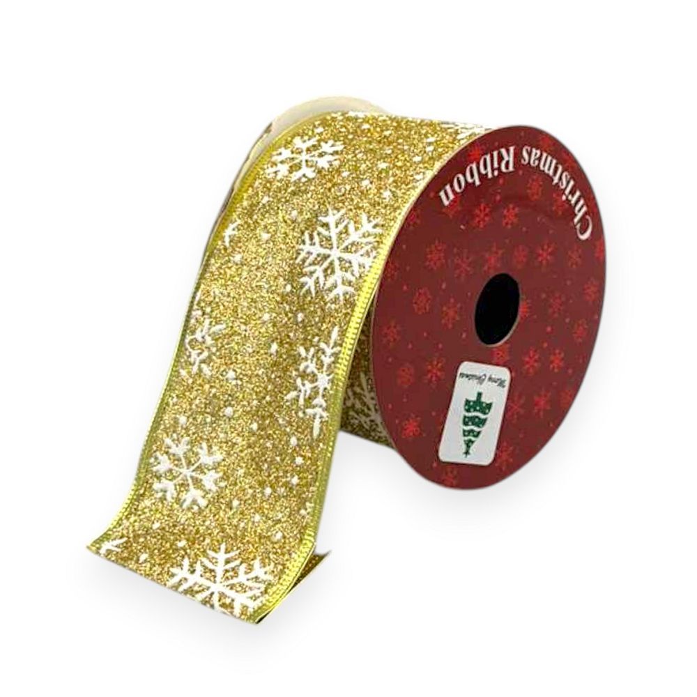 Gold Glitter Snowflake Ribbon 2.5"X10yds