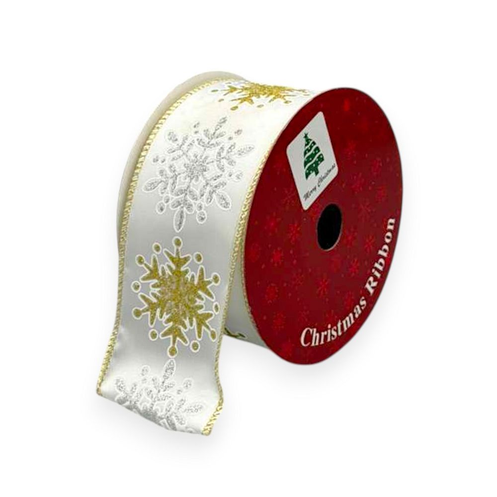 White & Gold Snowflake Ribbon 2.5"X10yds