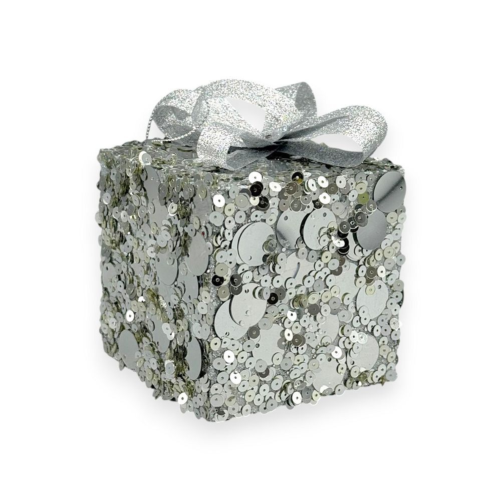 Sequin Gift Box Christmas Ornament 4"