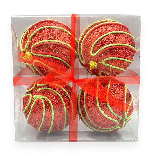Red & Green Glitter Swirl Ornaments – Set of 4